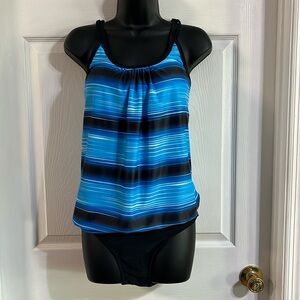 Temp Me blue & black two piece swim suit, size large, NWT.